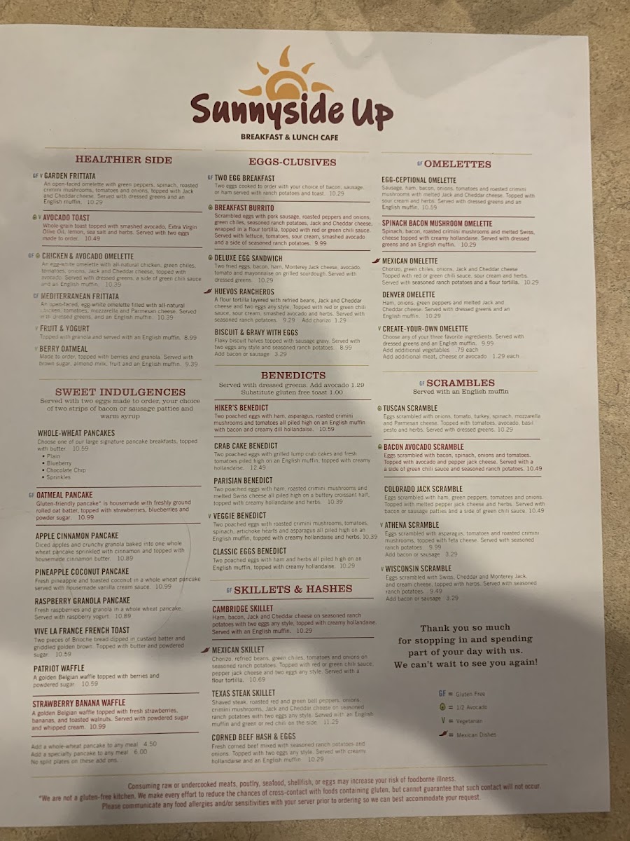 Sunnyside Up Breakfast and Lunch Cafe gluten-free menu