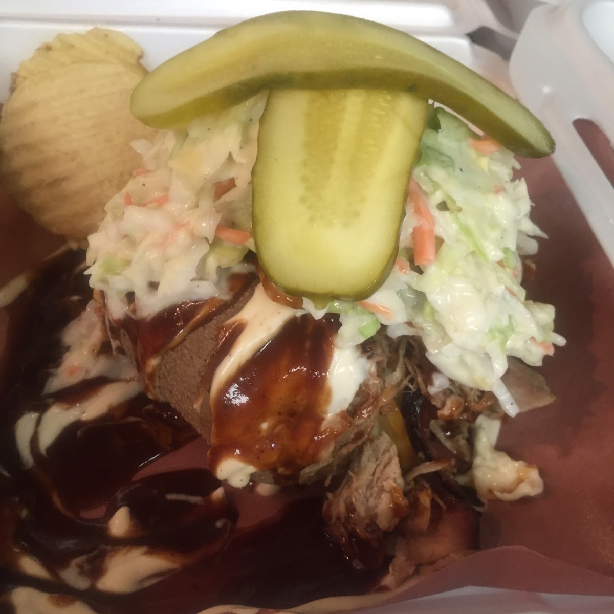 "Pulled Potato " with mayo, smoked cheddar, brisket, pork or turkey, GlutenFree BBQ sauce( request upon ordering), coleslaw and pickles. Get in my mouth!!!