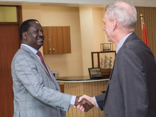 ODM leader Raila Odinga with former US ambassador to Kenya Robert Godec at his Capitol Hill office in Nairobi, June 22, 2018. /COURTESY