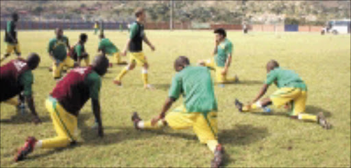 UNITED: Amabinneplaas players hard at training in KaBokweni Stadium in mpumalanga yesterday. Pic. Alfred Moselakgomo. 23/07/08. © Sowetan.