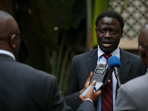 Homa Bay Town MP Peter Kaluma speaks to journalists outside Parliament. /JACK OWUOR