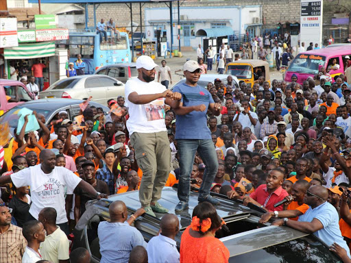 Mombasa Governor Hassan Joho and his Kilifi counterpart Amason Kingi during a rally in Mtwapa on Sunday / ALPHONCE GARI