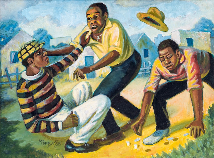 'The Quarrel' (1988) is one of four oil paintings by George Pemba that'll be going under the hammer at Aspire Art's Cape Town auction on March 16 2022. Picture: SUPPLIED/ASPIRE ART