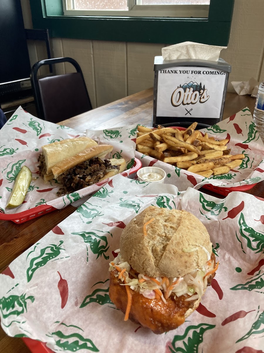 Hot Honey Chicken on G-Free bun, Otto's Cheesesteak and Fries with Otto's Special Sauce