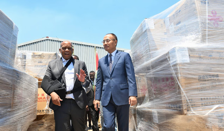Electricity minister Kgosientsho Ramokgopa with Chinese ambassador to South Africa Chen Xiaodong at the Eskom warehouse in Howick during the handover ceremony of 450 gasoline generators. Picture: X