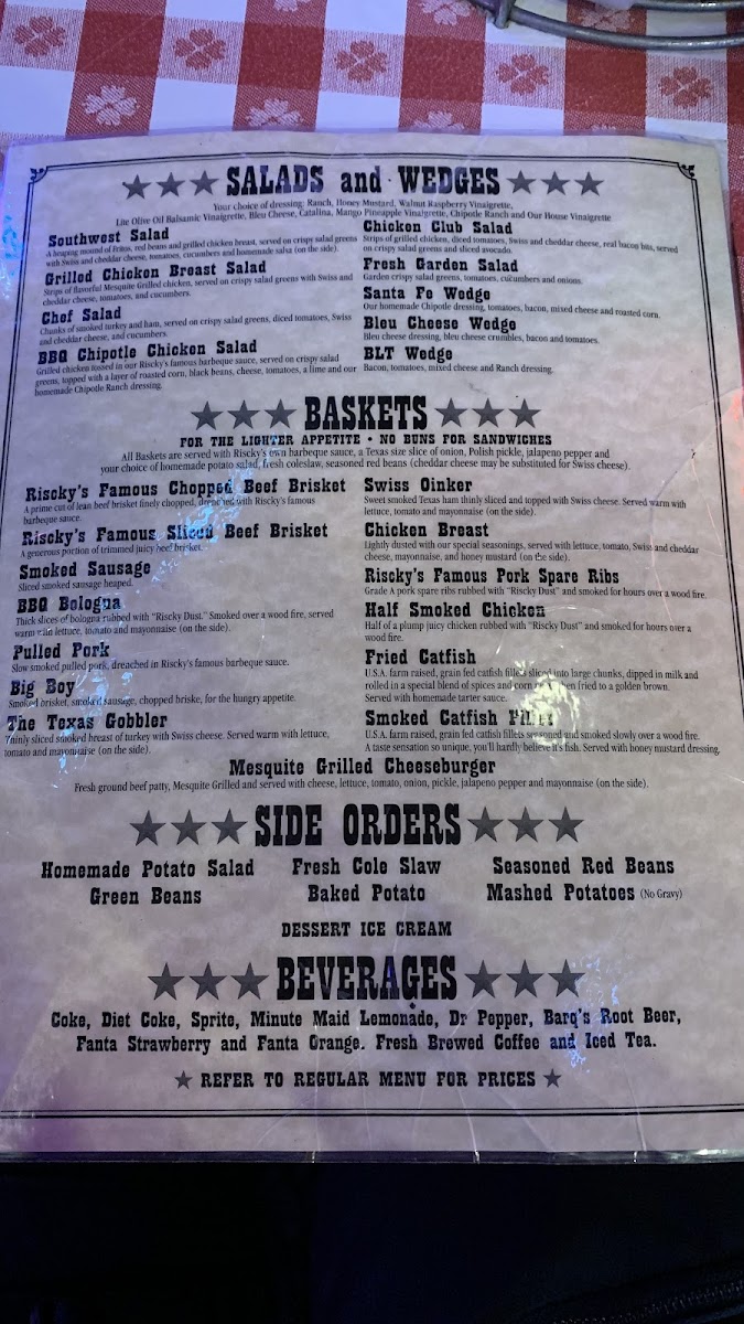 Riscky's BAR-B-Q gluten-free menu