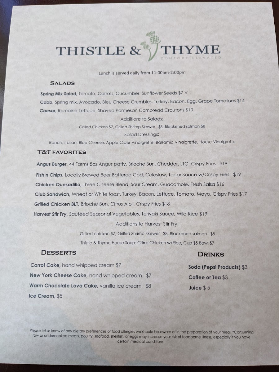Thistle & Thyme gluten-free menu