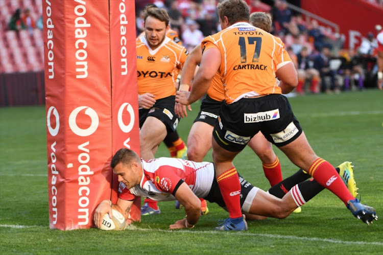 Shaun Reynolds of the Xerox Golden Lions scores during the Currie Cup match at Emirates Airline Park on September 08, 2018 in Johannesburg, South Africa.