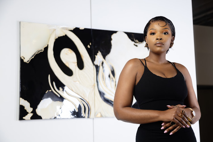 Resin and acrylic painter Andiswa Bhungane’s 'Bod and Unbound' symbolises the transition from dark to light as a powerful way to represent the universal experience of overcoming negativity through female empowerment.