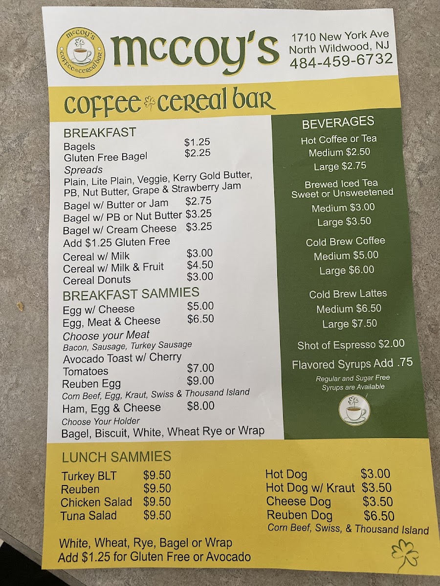 McCoy's Coffee & Cereal Bar gluten-free menu