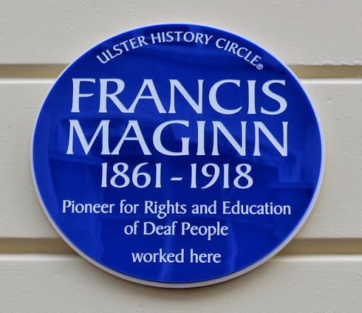 A plaque, in College Square North, erected within the last week, commemorating Francis Maginns work for the rights and education of the deaf Link. © Copyright Albert Bridge and licensed for reuse...