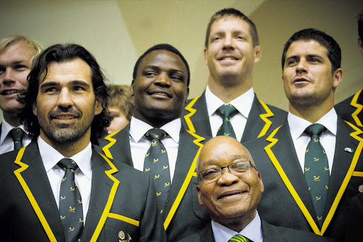 President Jacob Zuma with the Springboks, from the left, Schalk Burger, Victor Matfield, Chiliboy Ralepelle, Bakkies Botha and Morne Steyn Picture: DANIEL BORN