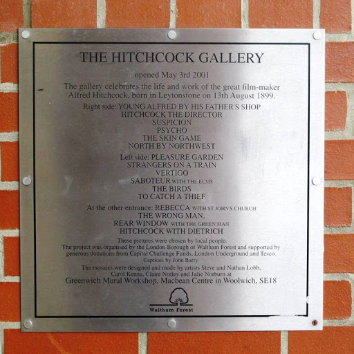 Hitchcock Link was born in Leytonstone in 1899. The tube station buildings contain a gallery of ceramic mosaic panels depicting scenes from many of his films. © Copyright Mike Quinn and licensed...