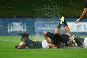 Joel Leotlela of South Africa scores a try during The Rugby Championship U20 Round 1 match against New Zealand at Sunshine Coast Stadium on Thursday. 