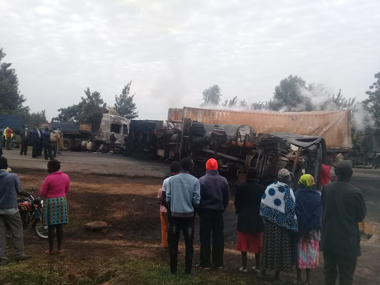 The scene after four trucks caught fire in a multiple accident along the Northern Corridor in Teso North Sub County.
