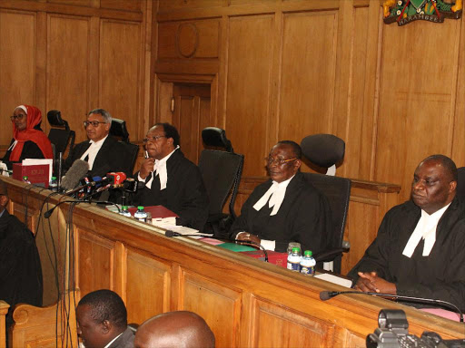 Court of Appeal judges Jamila Mohammed, Anashir Visram, Erastus Githinji, Roselyn Nambuye and Otieno Odek at the Supreme Court yesterday. They overturned a High Court ruling, blocking Dubai-based Al Ghurair firm from printing presidential ballot papers ahead of the August 8 polls /COLLINS KWEYU