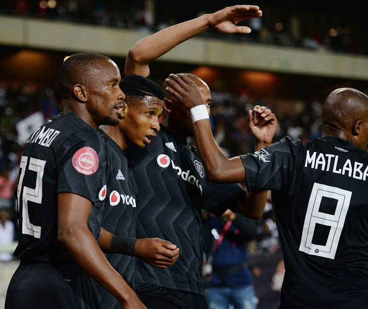 Orlando Pirates and Bafana Bafana winger Vincent Pule celebrates with teammates after scoring the opening goal in the 3-1 Absa Premiership win over SuperSport United at Orlando Stadium on Saturday September 15 2018.