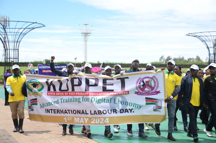 KUPPET workers marching during labor day celebration at Uhuru Garden on May 1, 2024.