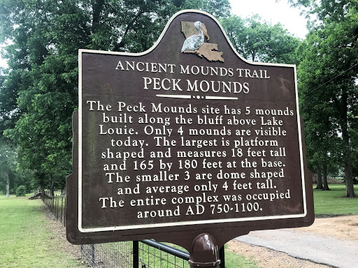 The Peck Mounds site has 5 mounds built along the bluff above Lake Louie. Only 4 mounds are visible today. The largest is platform shaped and measures 18 feet tall and 165 by 180 feet at the base....