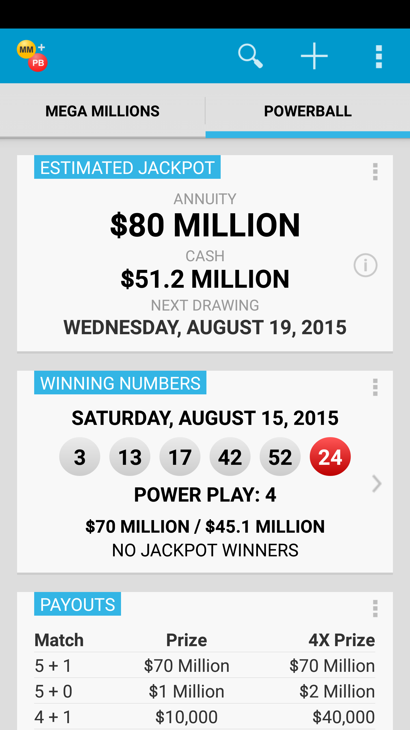 Android application Mega Millions + Powerball screenshort