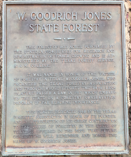 W. Goodrich Jones State ForestThis forest of 1633 acres, purchased by the state in 1924, is used for research and demonstration of timber growing and is administered by The Texas Forest Service,...