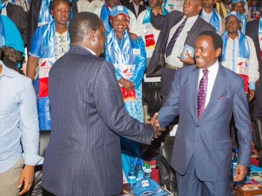 ODM leader Raila Odinga with Wiper boss Kalonzo Musyoka during Wiper NDC meeting at Kasarani stadium Photo/Courtesy