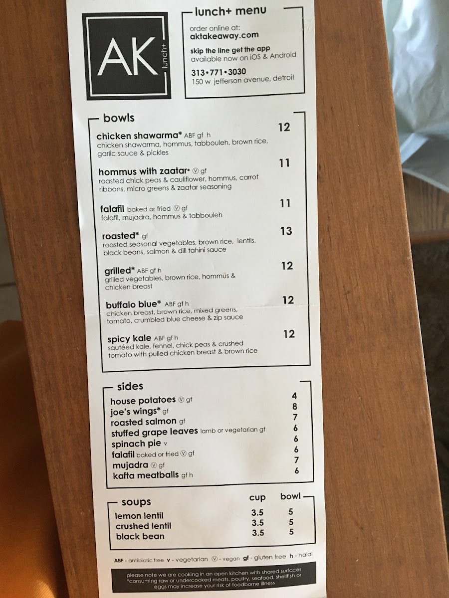 AK Takeaway gluten-free menu
