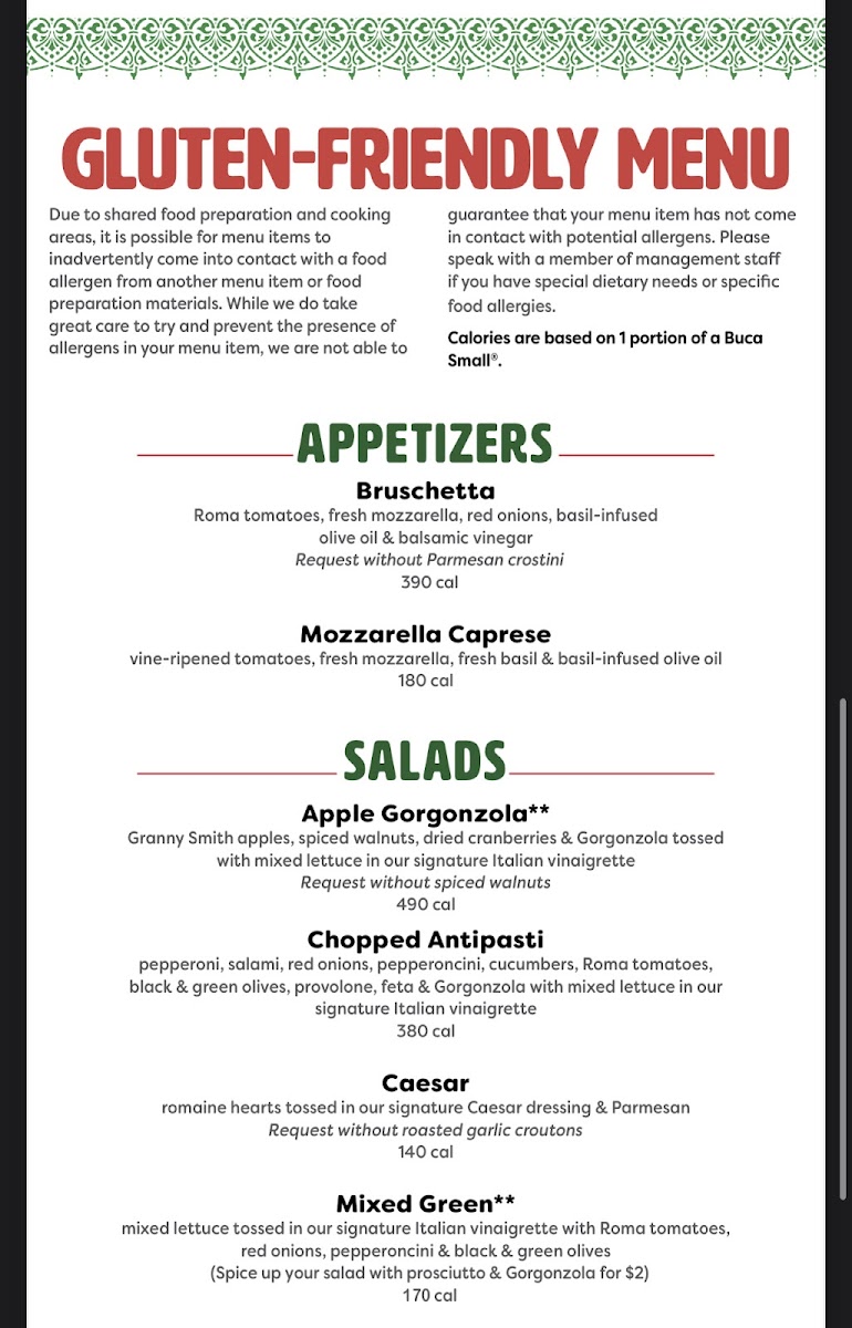 Gluten Free Menu