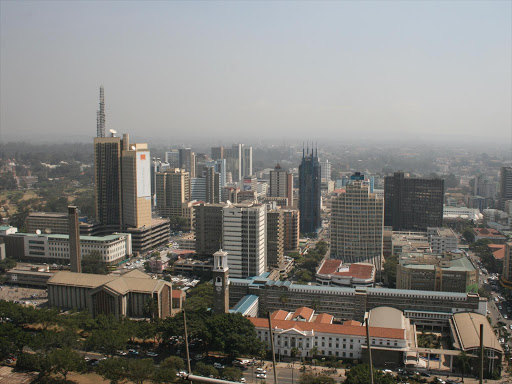 An aerial view of Nairobi city a top KICC.