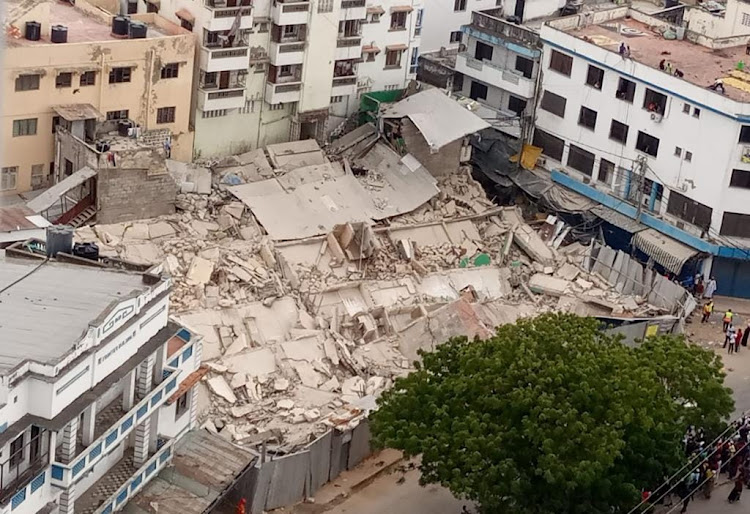 Rubble of the collapsed four-storey building near the Mackinnon Market in Mombasa County on Saturday, May 27, 2023.