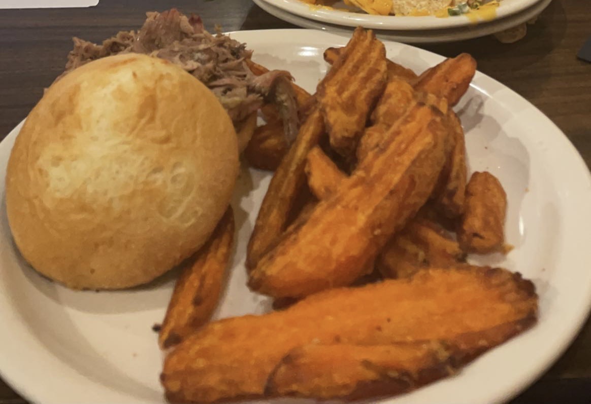 Sorry bad photo -- wasnt intending on posting. This is the Pulled Pork Sandwich on a GF bun with sweet potato fries.