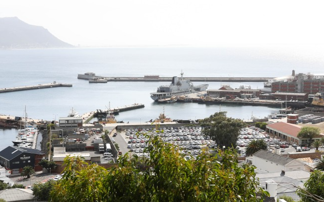 The naval dockyard in Simon's Town where Russian vessel Lady R loaded and offloaded cargo late at night amid heavy security.