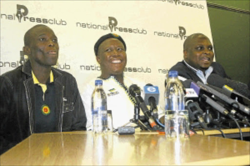 POLITICAL BATTLE: Expelled ANC Youth League leaders Sindiso Magaqa, Julius Malema and Floyd Shivambu during yesterday's press briefing in Johannesburg. PHOTO: SIBUSISO MSIBI