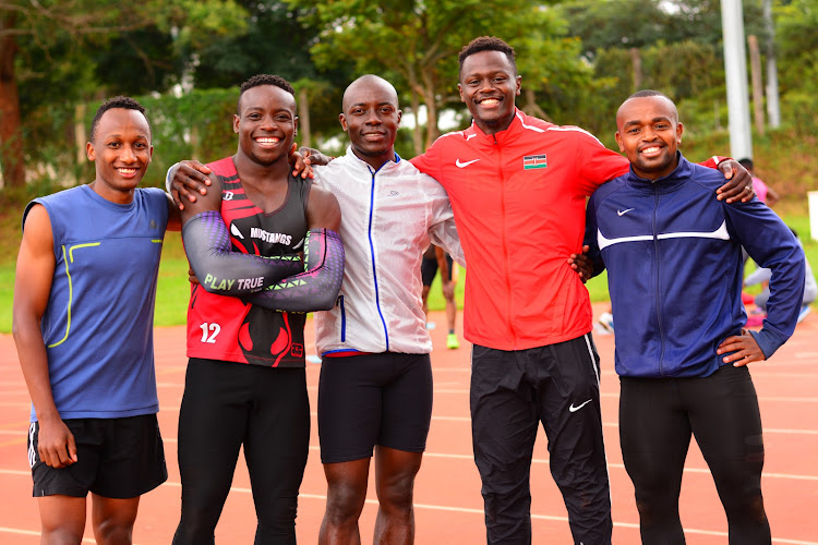 Sprinters Alex Kamau, Ferdinand Omanyala, Carl Lewis, Mark Otieno and Brian Gatura during a past event.