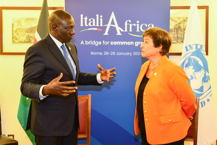 President William Ruto has a word with Kristalina Georgieva, Managing Director of the International Monetary Fund (IMF) on the sidelines of the Italy-Africa Summit in Rome, Monday, January 29, 2024.