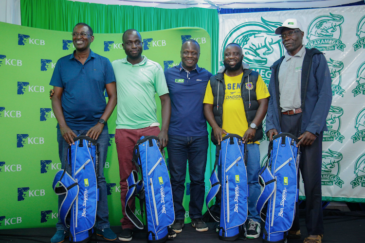 KCB's Japheth Achola poses for a photo with the overall team winners – Cedric Konzolo, Jack Songwa, Victor Muhando and Julius Oketch during KCB East Africa Golf tour at the Kakamega Golf Course on April 13, 2024.