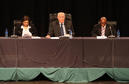 Advocate Pingla Hemraj with retired judge Ian Farlam and Advocate Bantubonke Tokota during a sitting of the Marikana Commission of Inquiry. File photo.