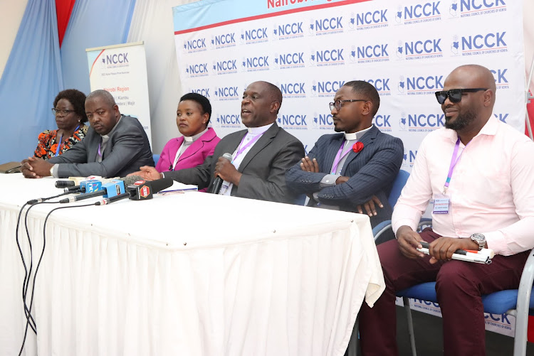 NCCK Nairobi region chairman Rev Alphonse Kanga addressing the media at Jumuiya Conference and Country Home in Limuru.