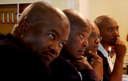 United Democratic Movement leader Bantu Holomisa, COPE’s Mosiuoa Lekota, EFF’s Dali Mpofu and DA’s Mmusi Mamane at a briefing on how they are going to fight for President Jacob Zuma to step down. Pic: Kabelo Mokoena. © Sowetan