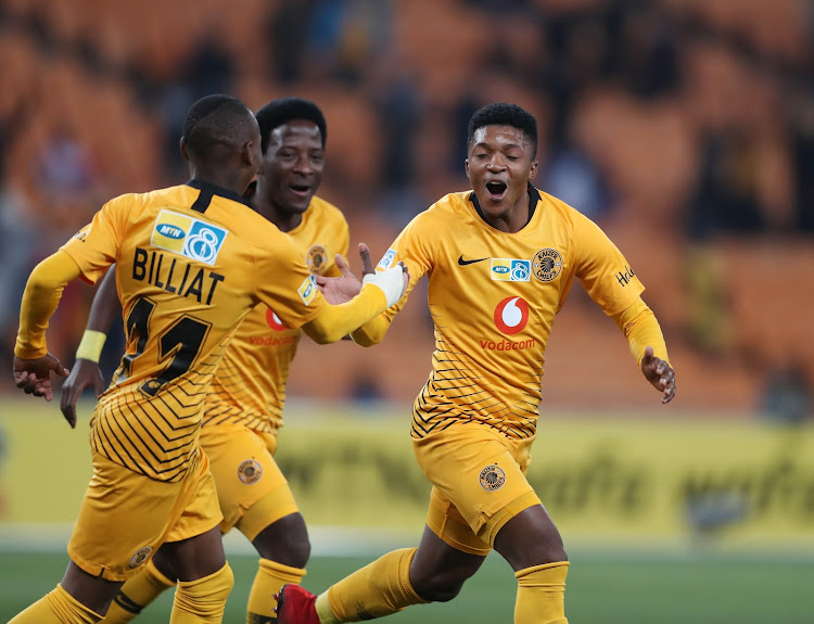 Kaizer Chiefs attackers Khama Billiat and Siphelele Ntshangase celebrate with goalscorer Dumisani Zuma who scored the first of three goals in a stunning 3-0 win over Free State Stars at FNB Stadium on Saturday August 11 2018.