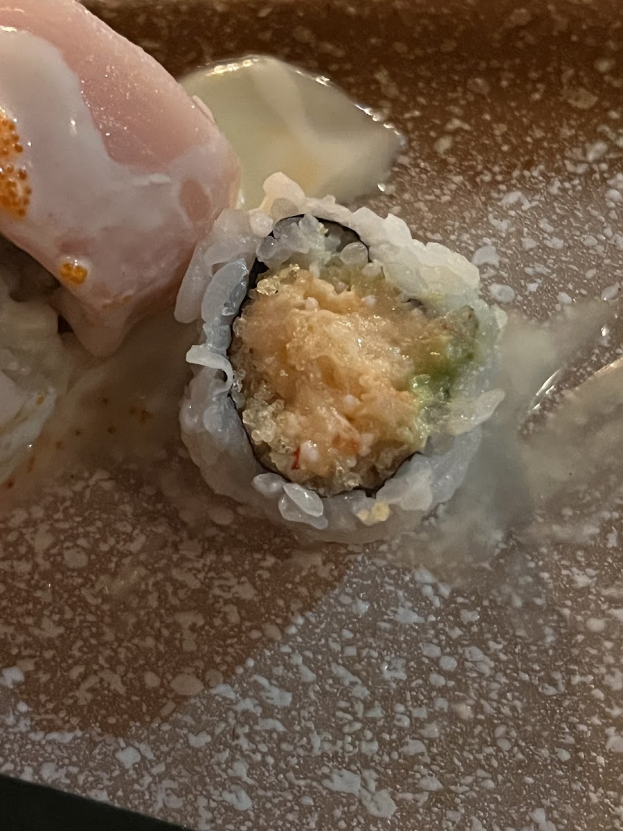 Sexy angel roll with crunch after i specified gluten free... unfortunately i finished a few pieces before i realized.
