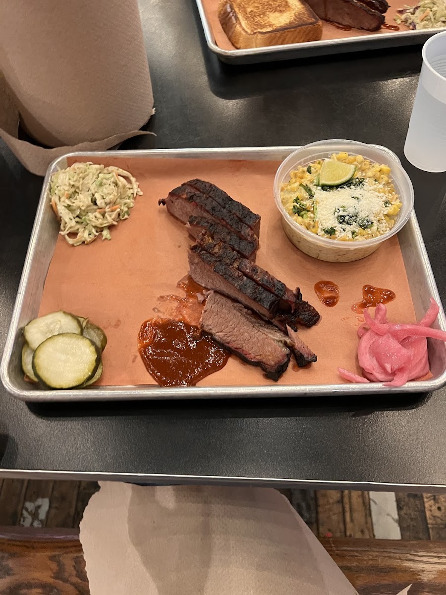 Brisket platter - comes with coleslaw, pickles, and pickled onions (modification: w/o toast, added elote)
