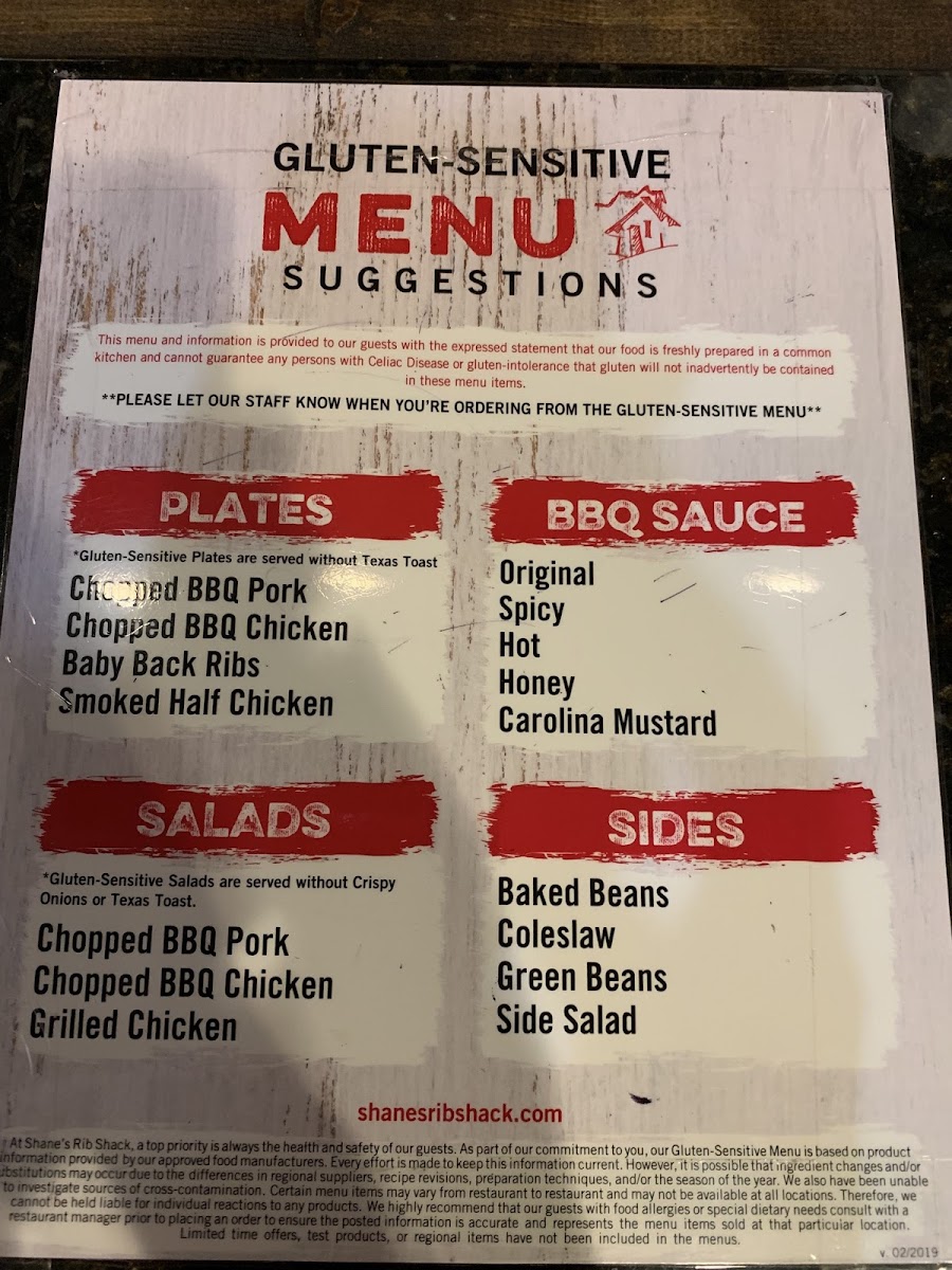 Shane's Rib Shack gluten-free menu