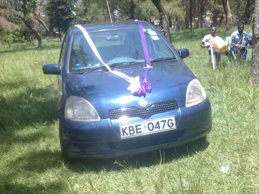 The car given to Webuye Jua Kali band singer Daudi DP Ruto on Saturday Webuye west MP Dan Wanyama presented it. PHOTOS BY BRIAN OJAMAA