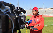 Aphiwe Dyantyi of the Emirates Lions speaks to reporters during a training session at Johannesburg Stadium on July 17 2018.    