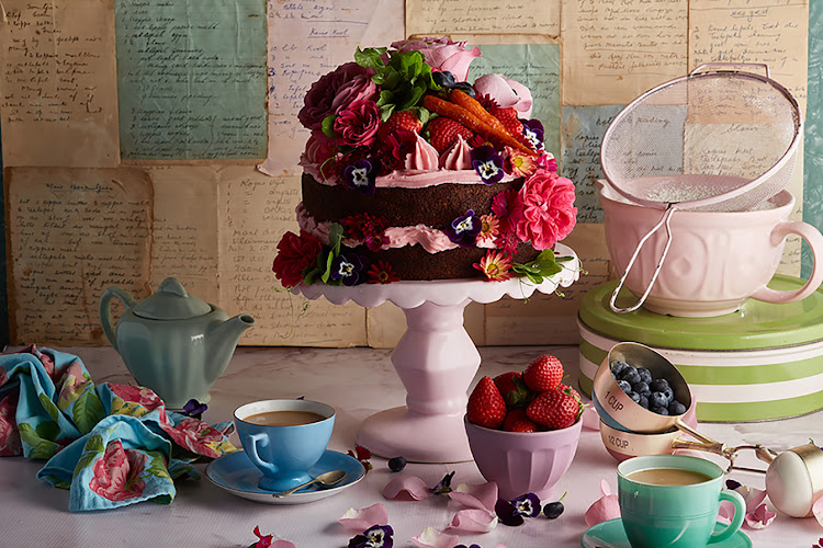 Carrot, coconut and pineapple cake with beetroot frosting.