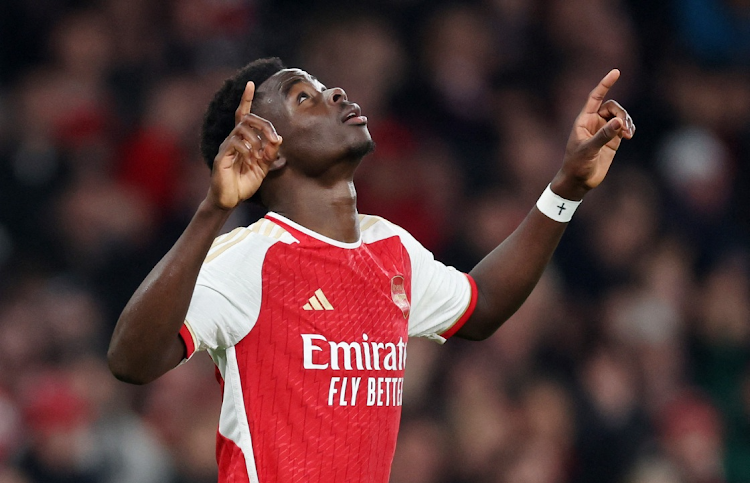 Bukayo Saka celebrates scoring Arsenal's third goal in their Premier League win against Newcastle United at Emirates Stadium in London on Saturday.