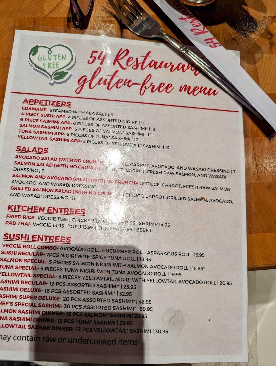 54 Restaurant gluten-free menu