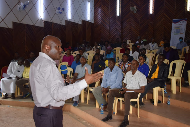 Labour PS Shedrack Mwadime addressing a youth sensitisation forum at the Taita Taveta National Polytechnic in Voi