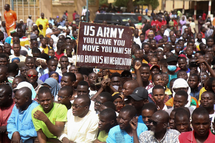 Nigeriens gather in a street to protest against the US military presence, in Niamey, Niger, on April 13. Picture: REUTERS/MAHAMADOU HAMIDOU